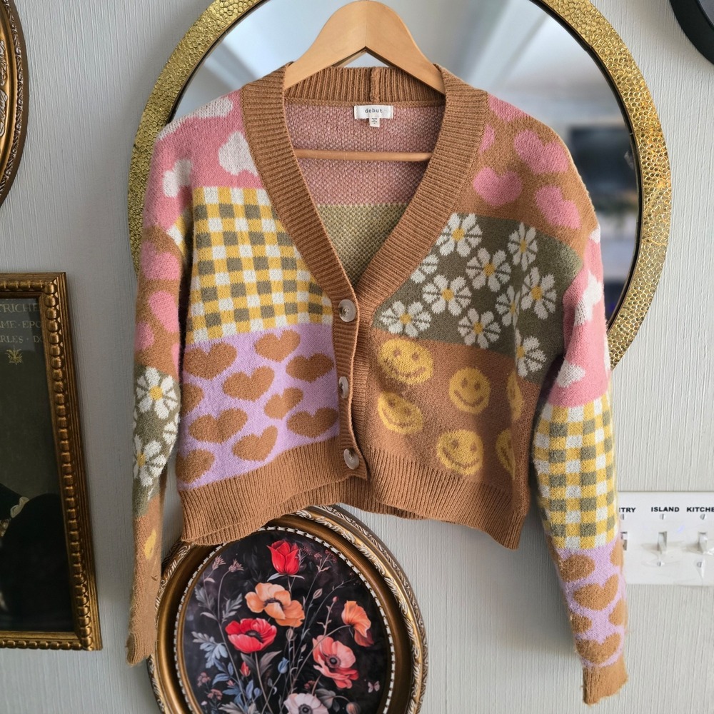 Cardigan preppy fun‎ womens small checkers hearts smilies
